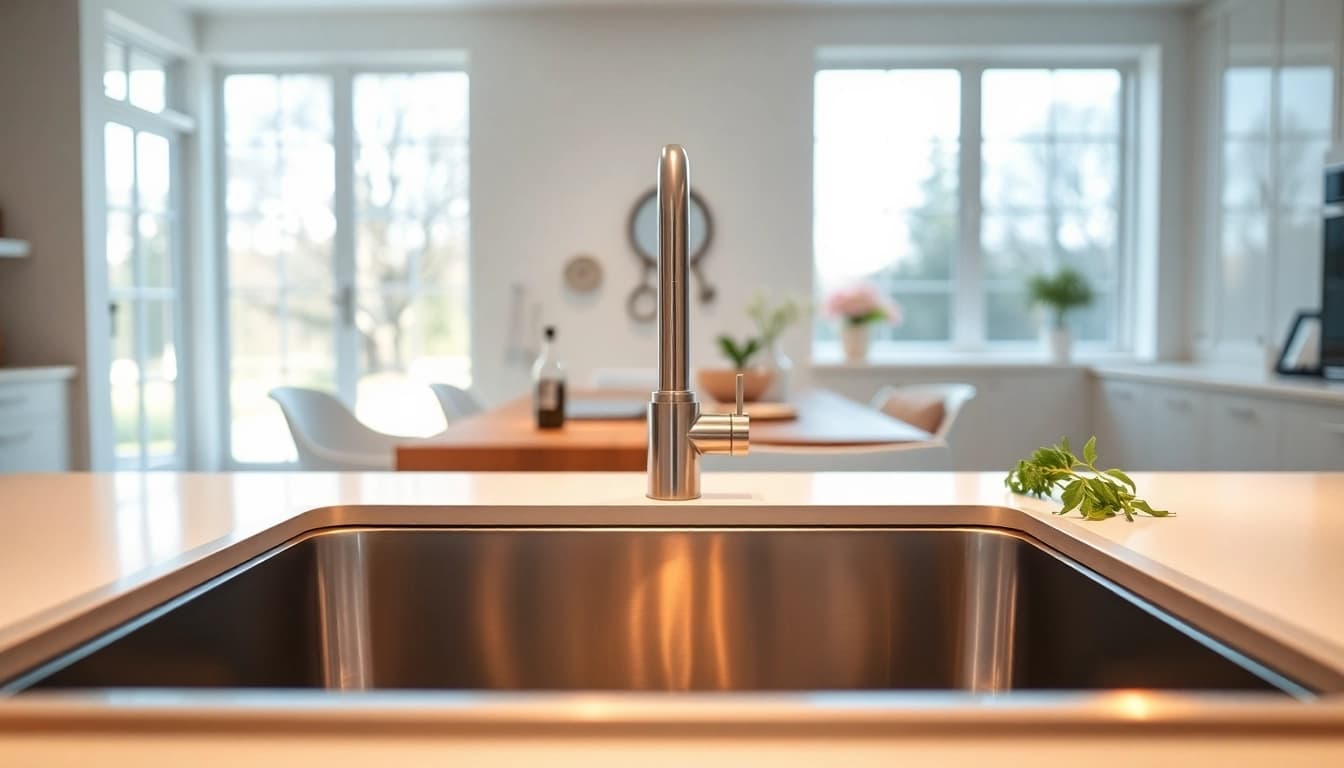 Installing a stainless steel kitchen sink near me showcased in a modern kitchen setting.