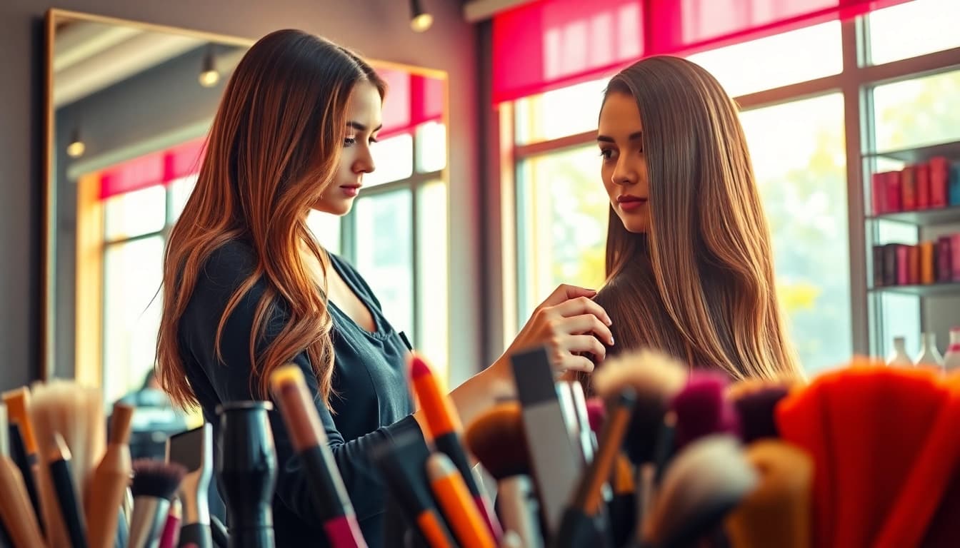 Hairstylist Craiova realizând un stil modern de coafură într-un salon vibrant.