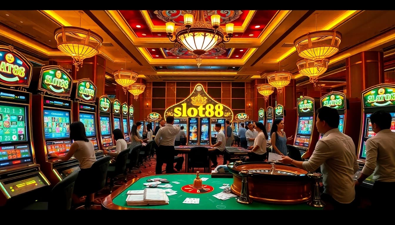 Players reveling in the excitement of slot88 gacor at a luxurious casino, showcasing vibrant slot machines and roulette.