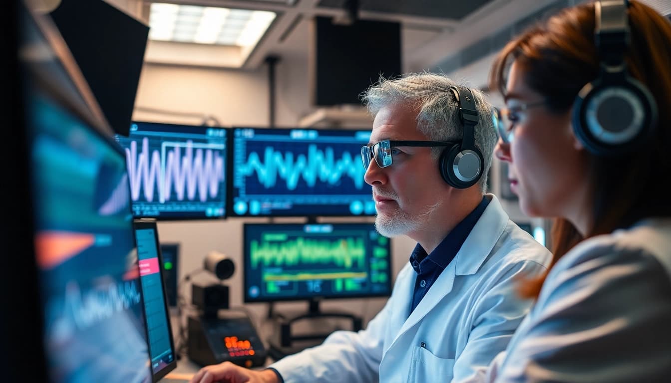 Generate realistic AI Voice audio samples using advanced technology in a modern lab environment.