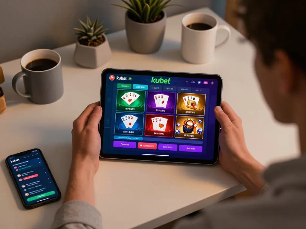 Kubet player strategizing on tablet for online casino games, showcasing engaging interface and cozy home environment.