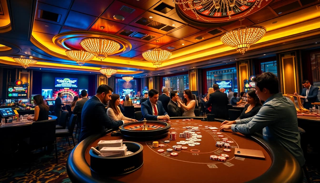 Nếu như vậy bám vào đây in a bustling casino with poker players celebrating wins and opulent decor.