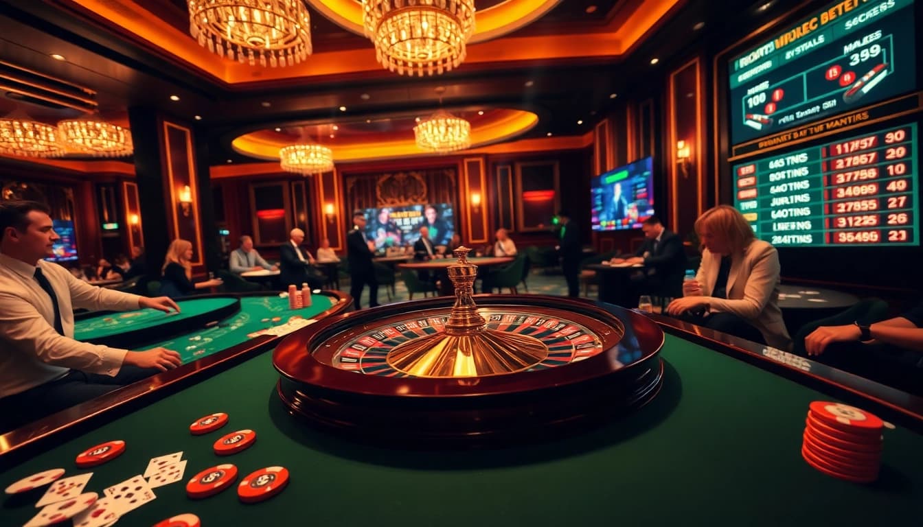 Players engaging at a roulette table while checking 7mcn live odds in a vibrant casino setting.