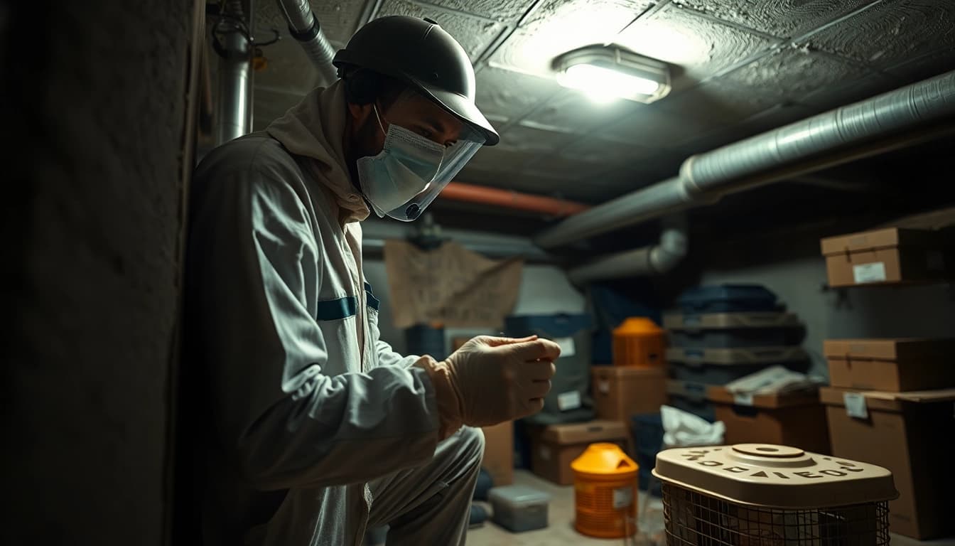 Basement insect exterminator applying pest control treatment in a dim environment.