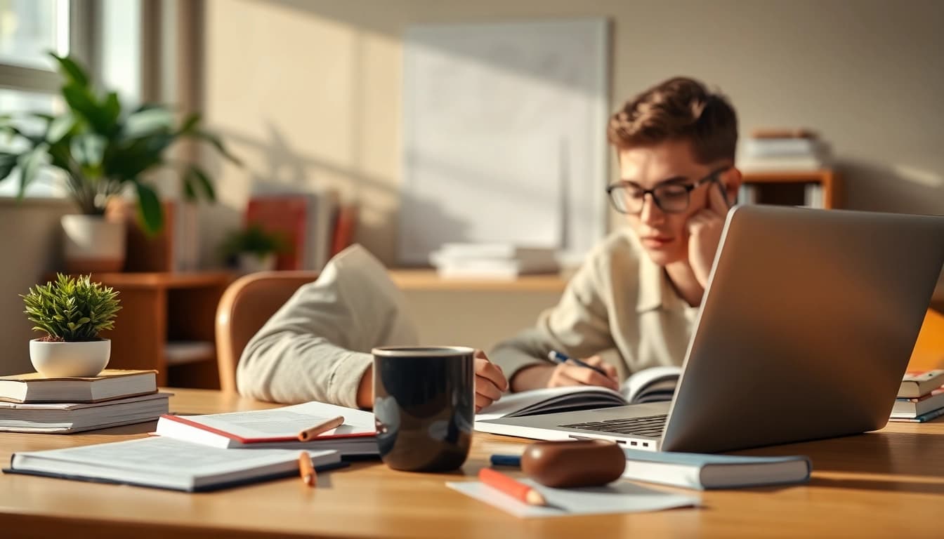 Provide online exam assistance to students studying effectively at a well-organized desk.