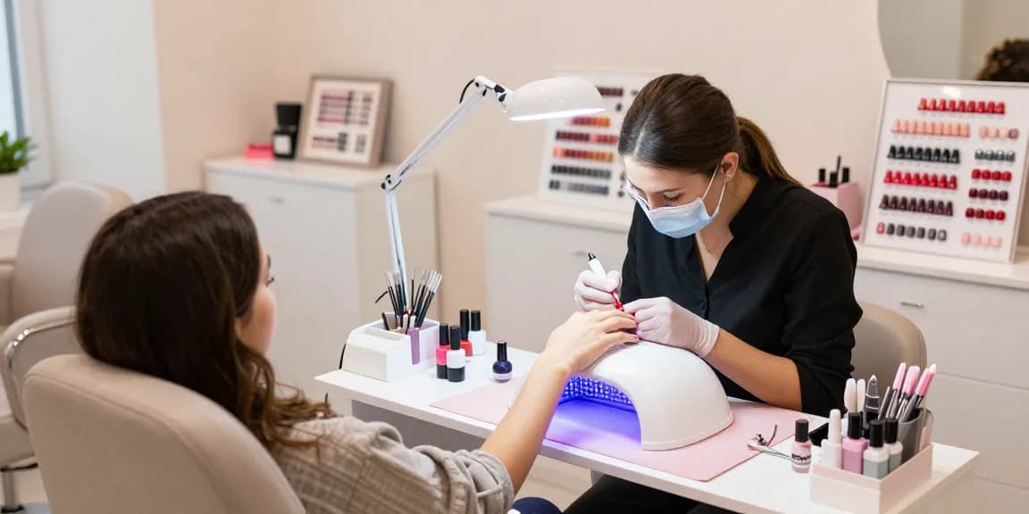 Tehnician profesionist în unghii folosind lampa UV LED unghii într-un salon elegant pentru manichiură cu gel.