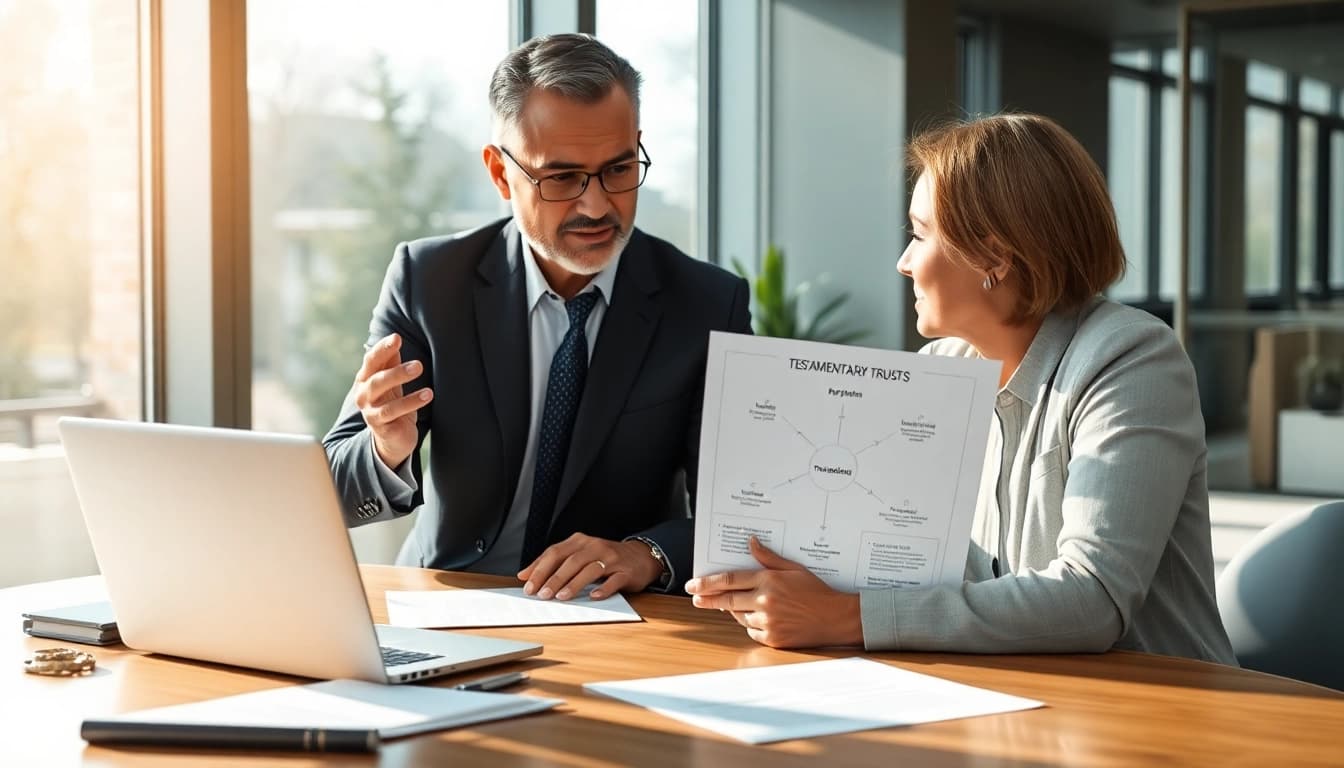 Convey understanding of testamentary trusts through a financial advisor-client discussion in a bright office.