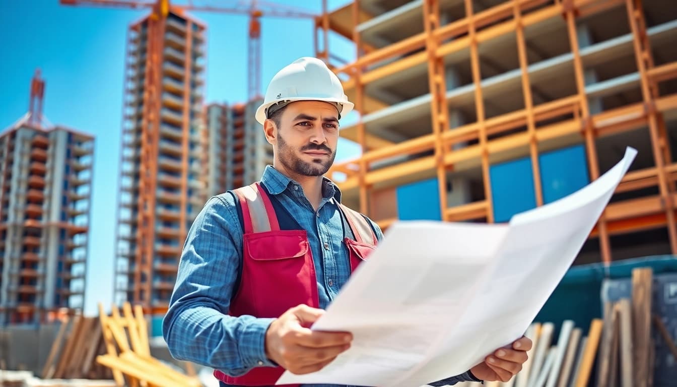 New York General Contractor analyzing blueprints at a bustling construction site.