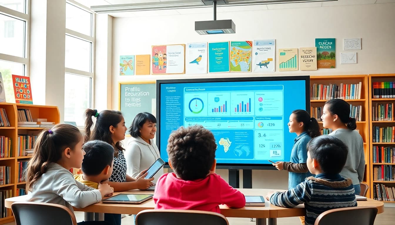 Engaging classroom scene showcasing innovative education methods with students collaborating on a touchscreen display.