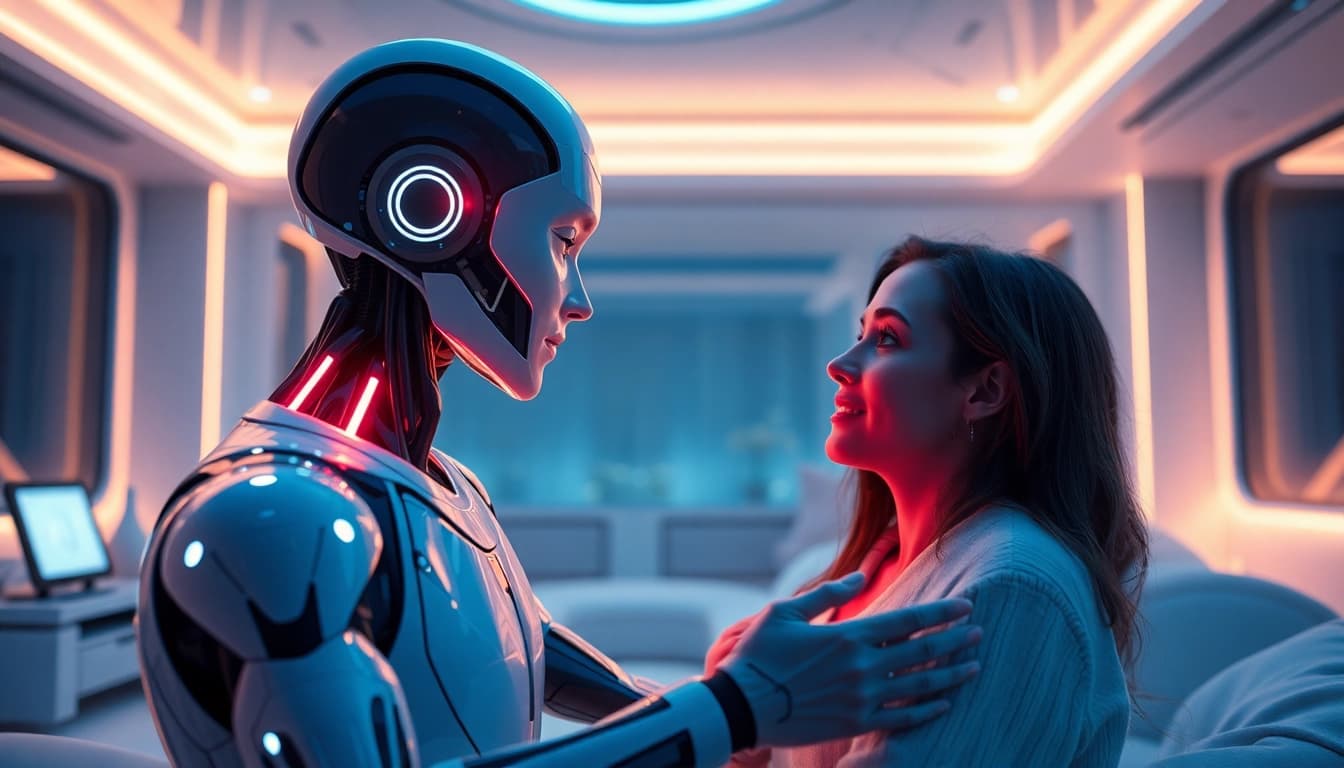 AI companion fosters intimate connection in a futuristic setting, showcasing the evolution of ai sex.