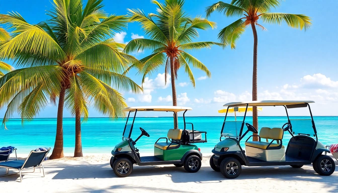 Experience San Pedro Belize Golf Cart Rental amidst beautiful beach scenery with palm trees and clear waters.