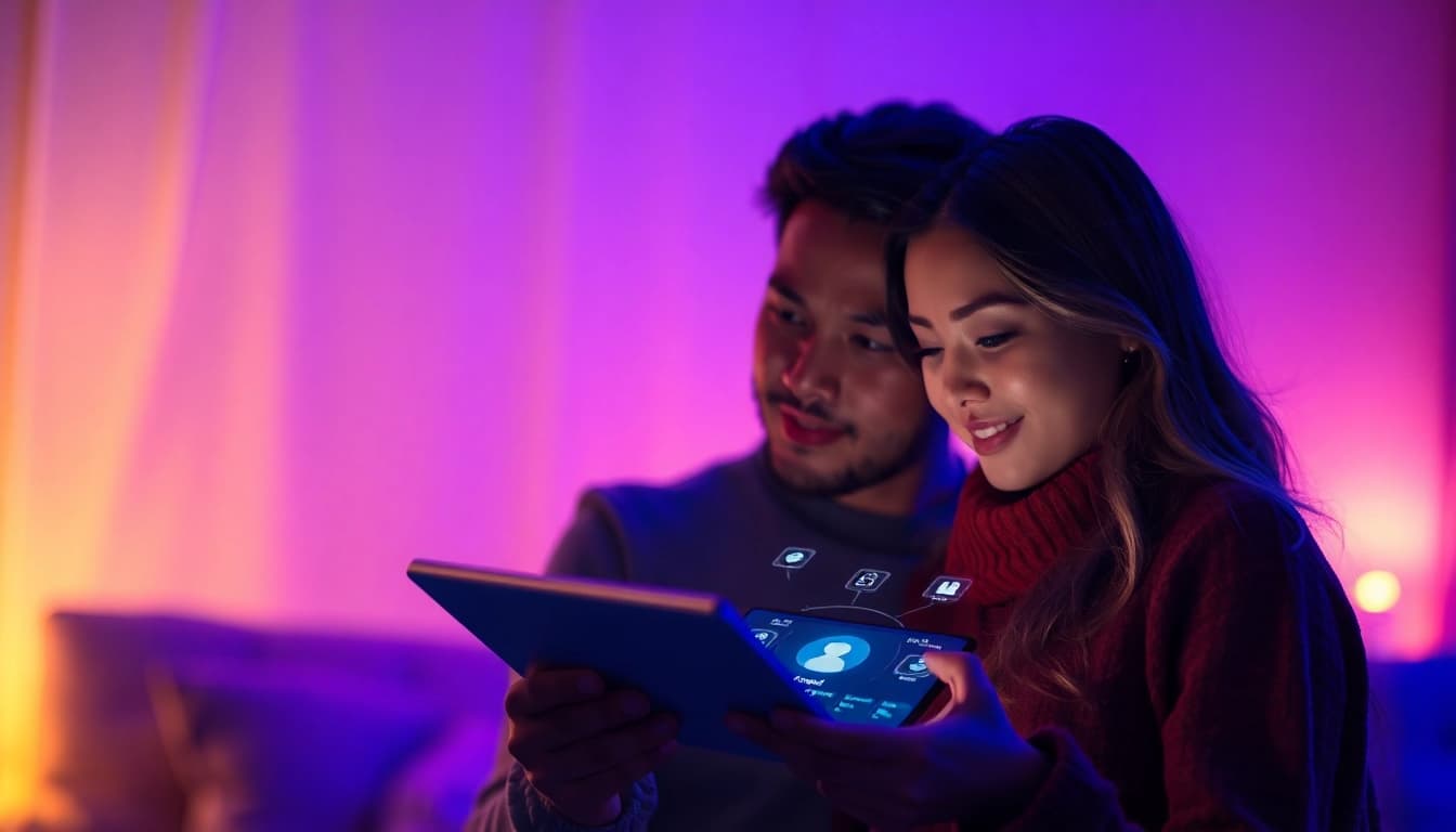 Couple engaging with a virtual assistant in a warm, ambient setting, highlighting the role of sex ai in modern relationships.