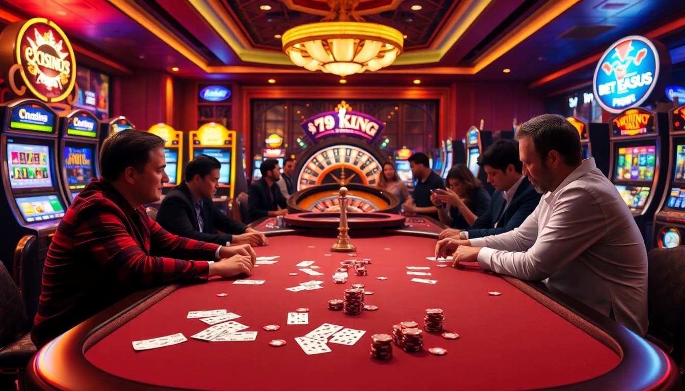 A poker game scene showcasing 79king's vibrant casino atmosphere with high-stakes players, slot machines, and roulette excitement.