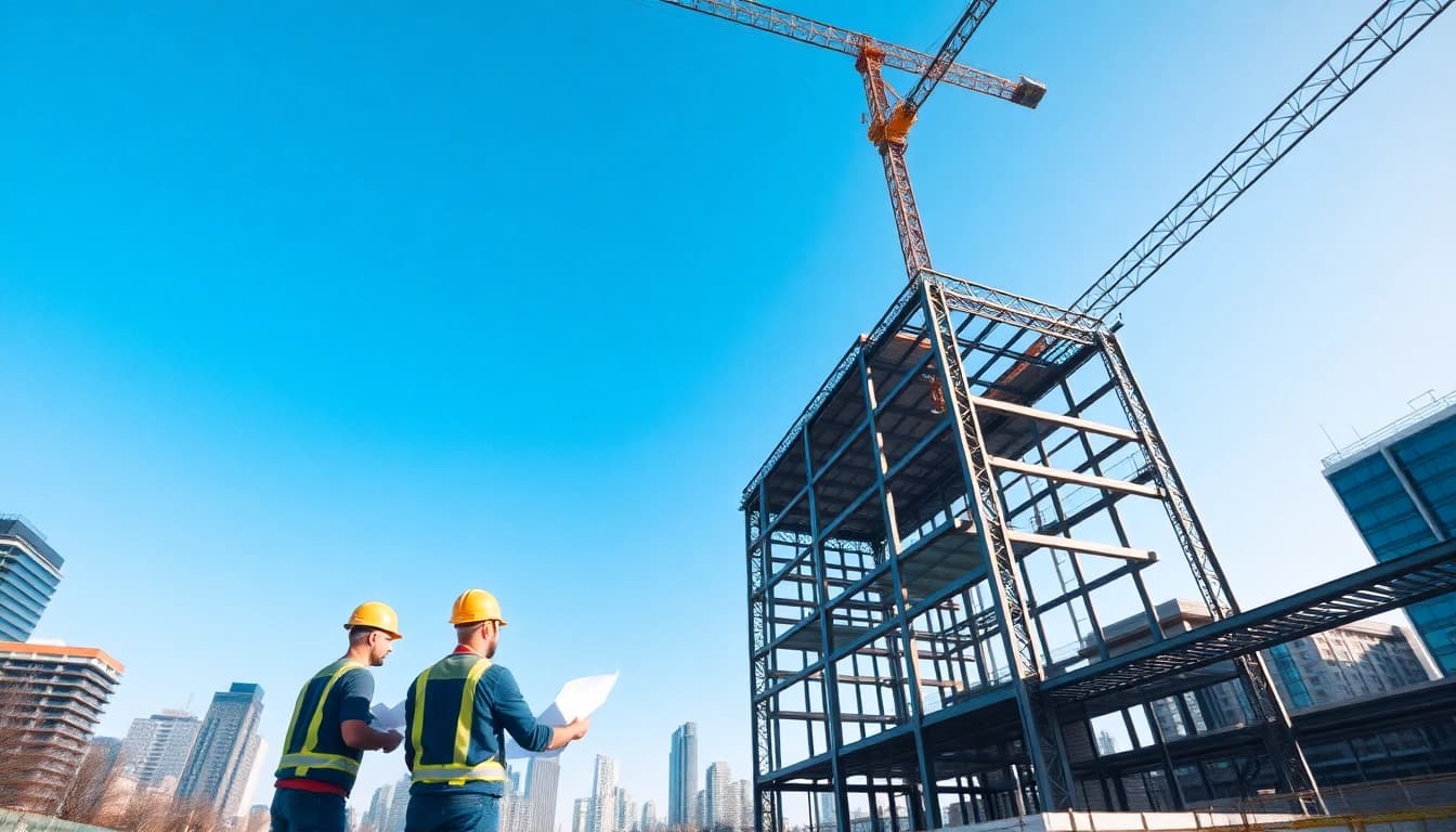 Showcasing steel structure design with construction workers collaborating on modern steel framework.