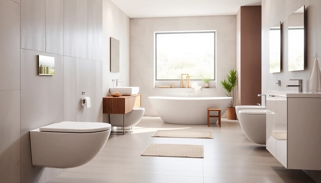 Scopri vari sanitari di design moderno in un elegante bagno luminoso e raffinato.