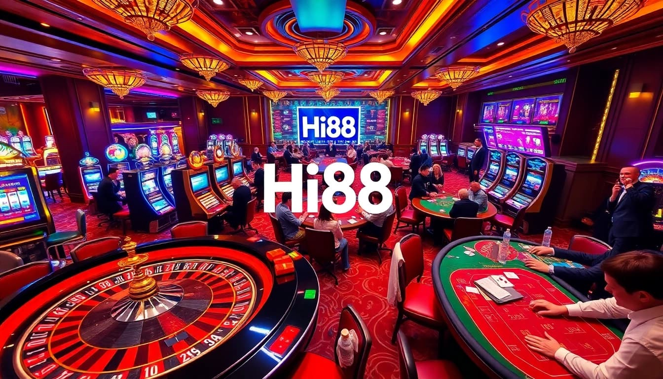 Experience the thrill of Hi88 casino atmosphere with players at poker tables, vibrant slot machines, and excitement in the air.