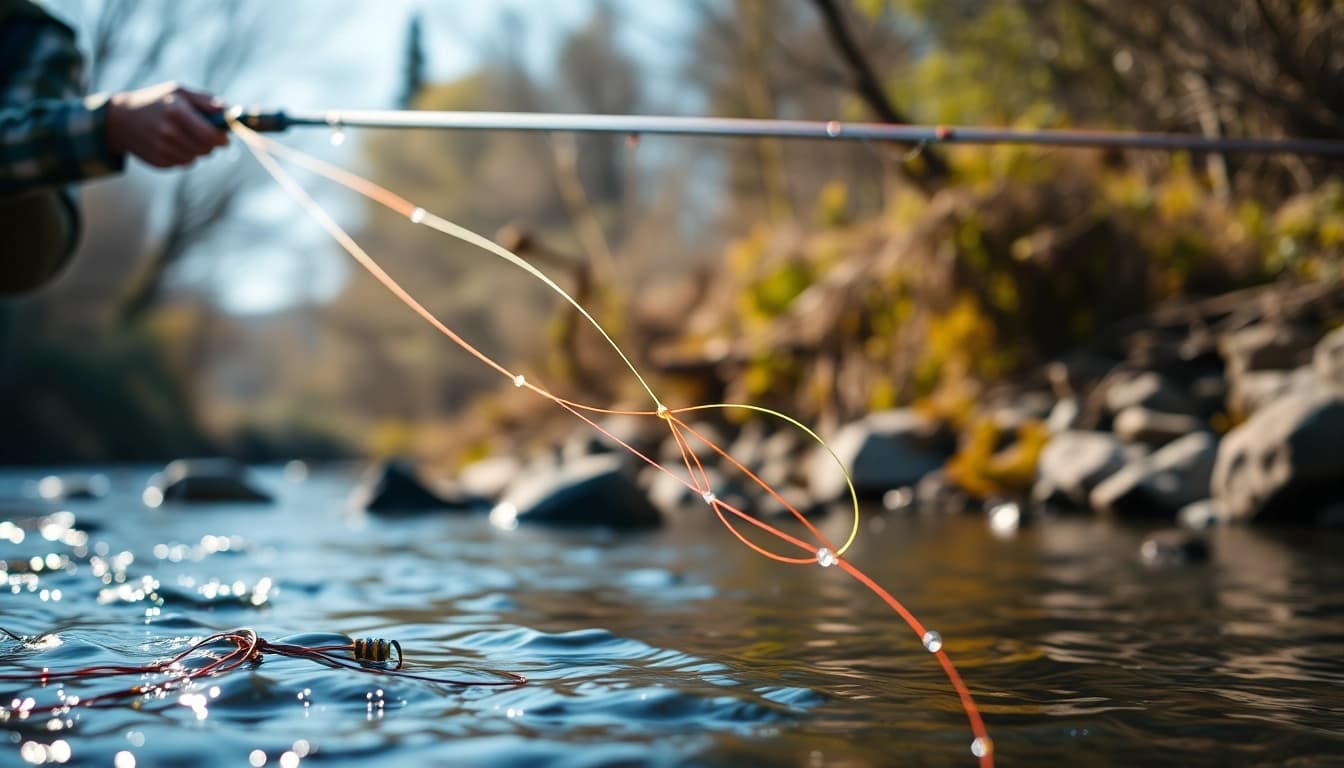 Angler casting a fly fishing line into a serene river, showcasing technique and nature.