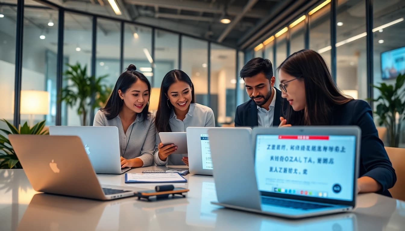 Professional team utilizing 有道翻译 for collaboration in a modern office setting.