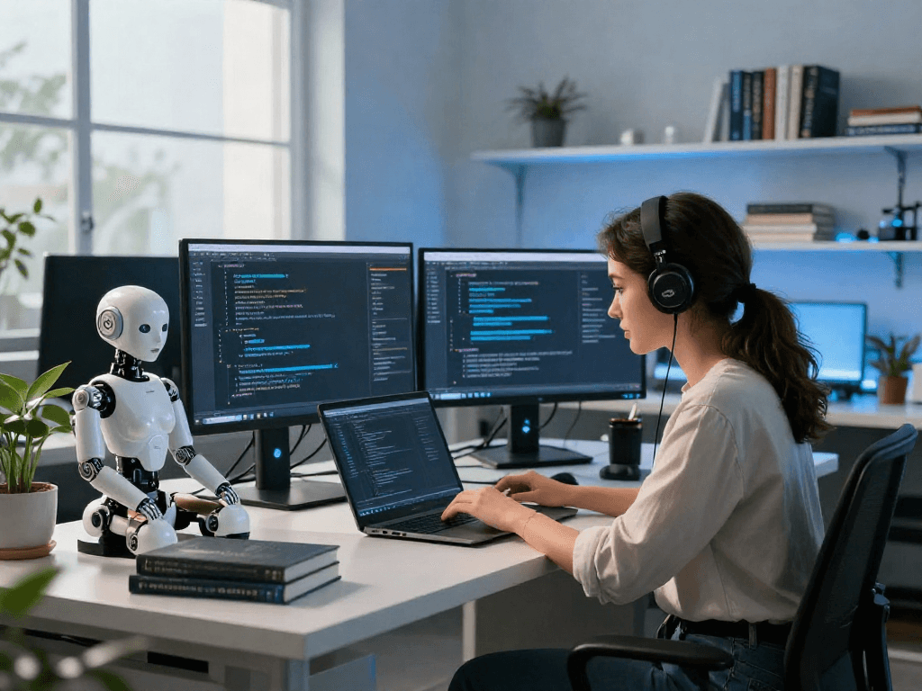 Female programmer developing a sex bot in a modern tech lab, with digital displays and a robot prototype.