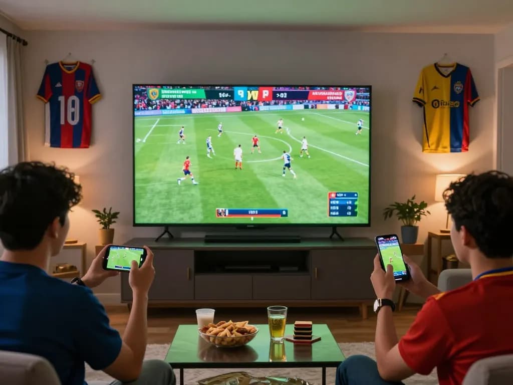 Cakhia tv fans enjoying live soccer match in a lively home setting with snacks and drinks.