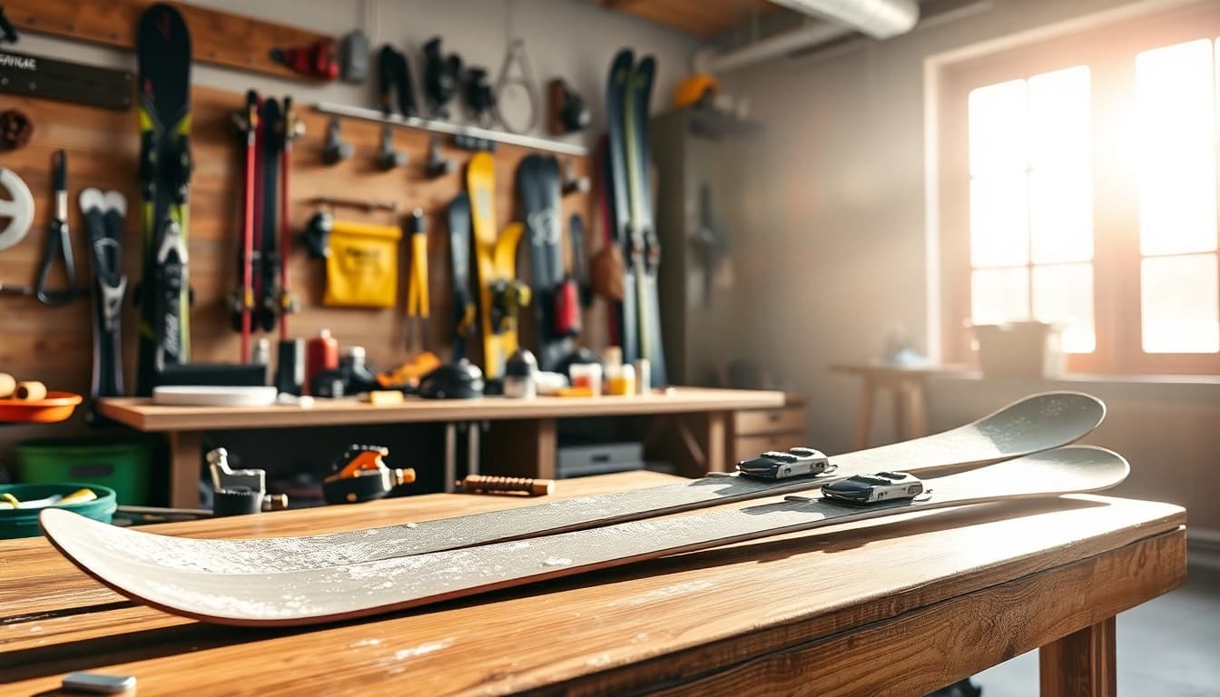 Ski tuning and waxing tools and equipment arranged on a rustic workbench.