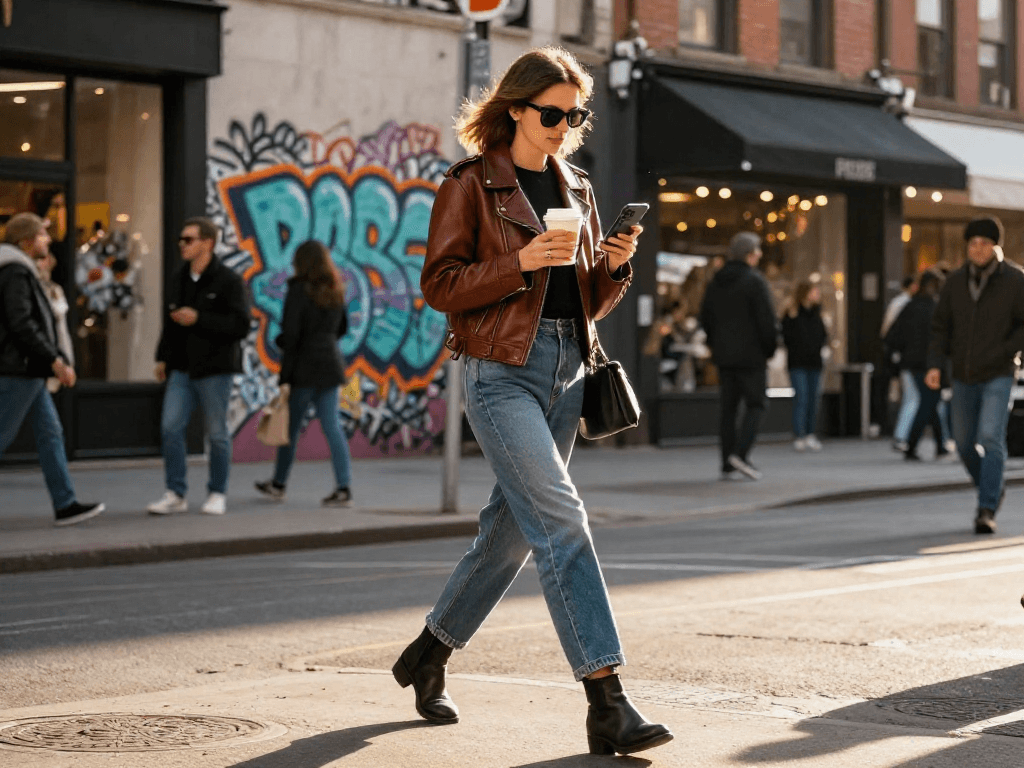 Stylish woman in leather jackets for women walking through city street.