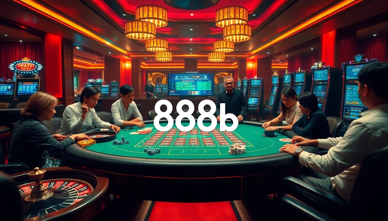 Engage in exciting gameplay as you đăng nhập 888b at a luxurious casino with vibrant tables and players.