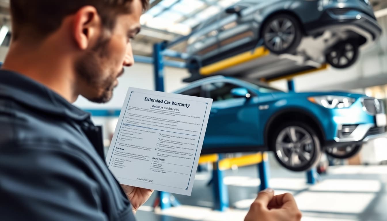 A mechanic reviewing extended car warranty details in a modern repair shop.