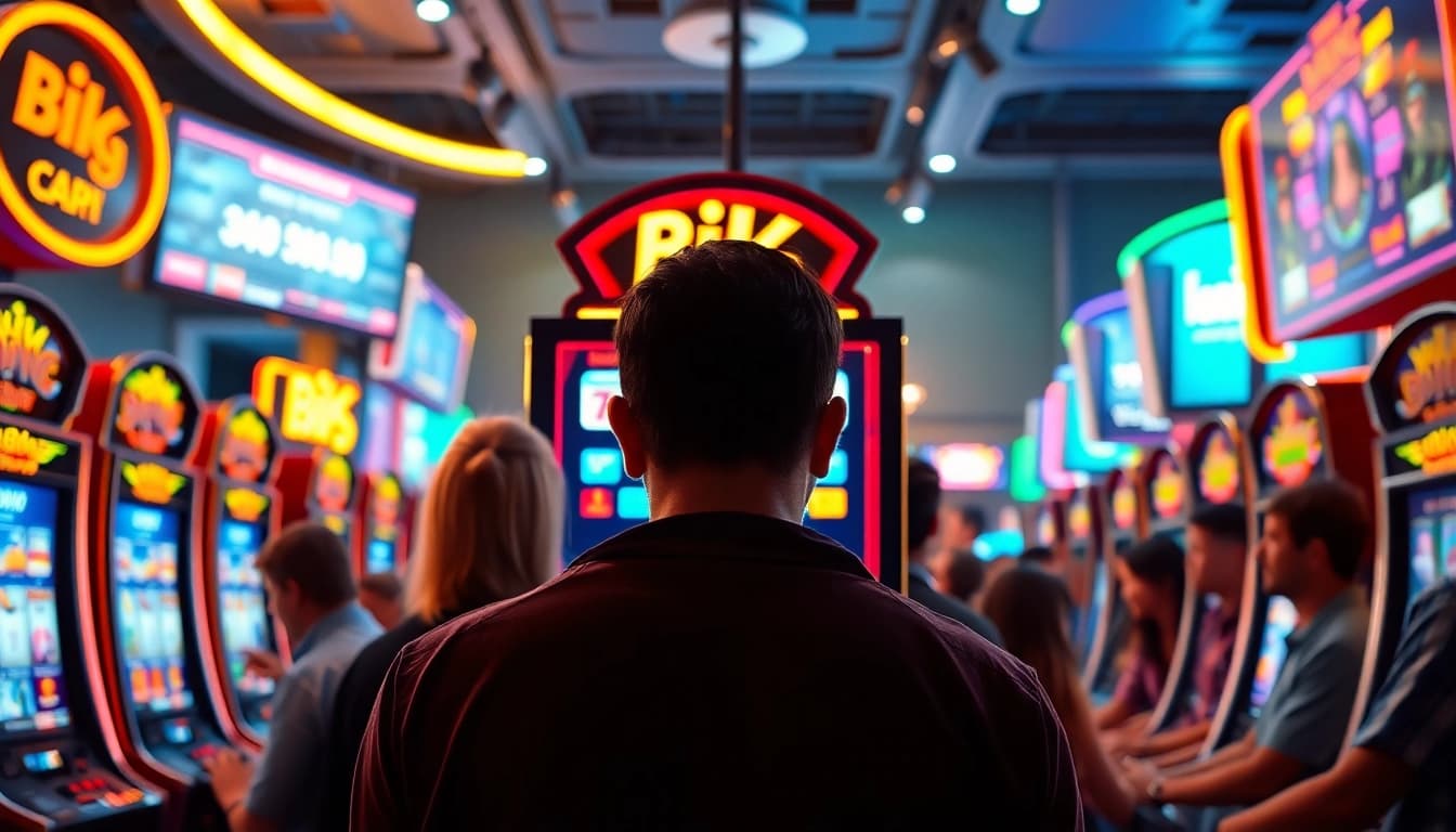 Petani toto menang besar di mesin slot dengan pemain antusias di kasino.