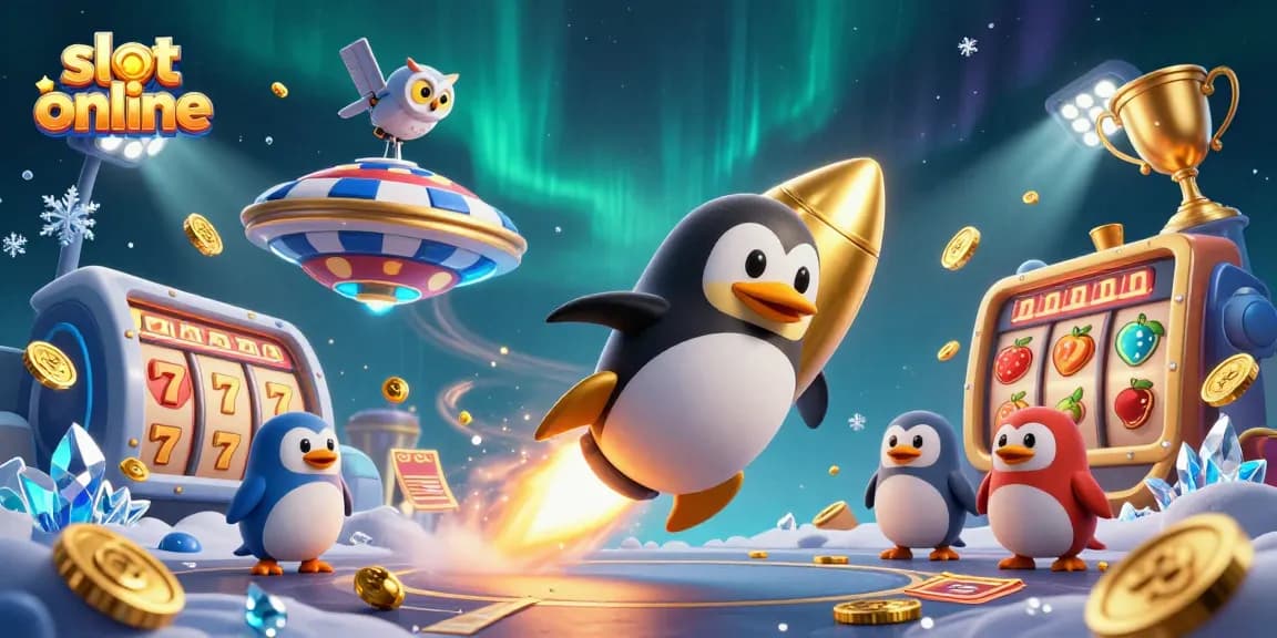 Menghadirkan slot online dengan penguin emas meluncur di luar angkasa, menyebar koin emas di kasino.