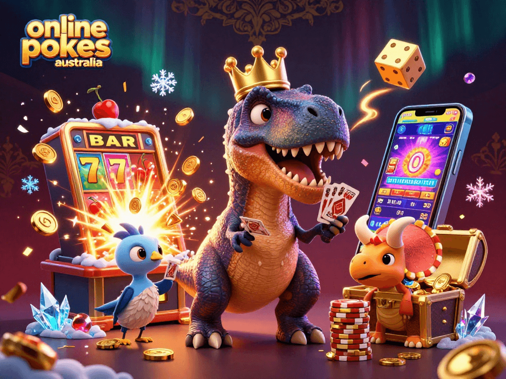 Experience thrilling wins with online pokies Australia as a T-Rex shuffles cards and a triceratops stacks chips.