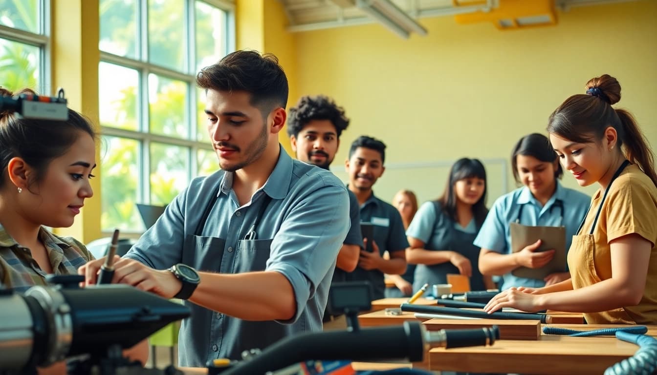 Students collaborating at trade schools in Hawaii, learning diverse skills in sunny environments.