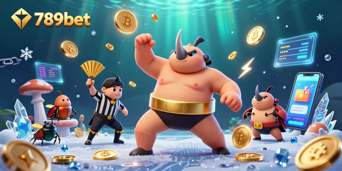 Experience the excitement of 789bet with a powerful sumo beetle champion sending flying coins in a vibrant casino scene.