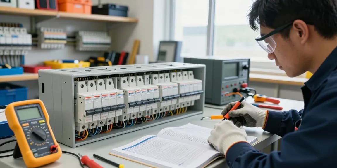 MCCB circuit breaker inspection in a professional electrical workshop.