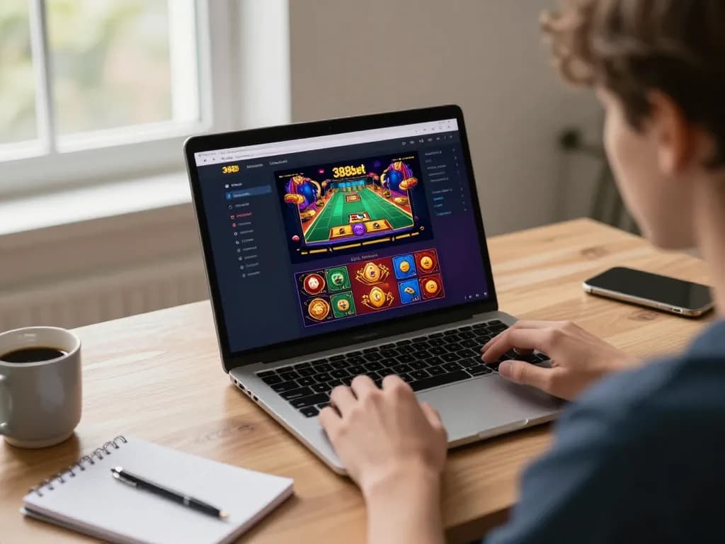 Person using 388bet online casino platform in a modern home office setup, showcasing strategic gaming.
