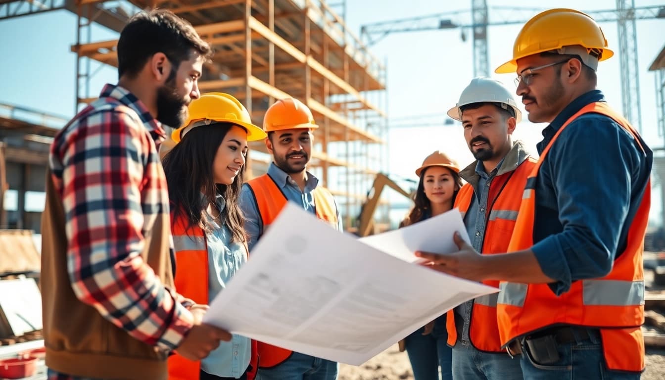 Contractor apprenticeship program participants collaborating on a construction site.