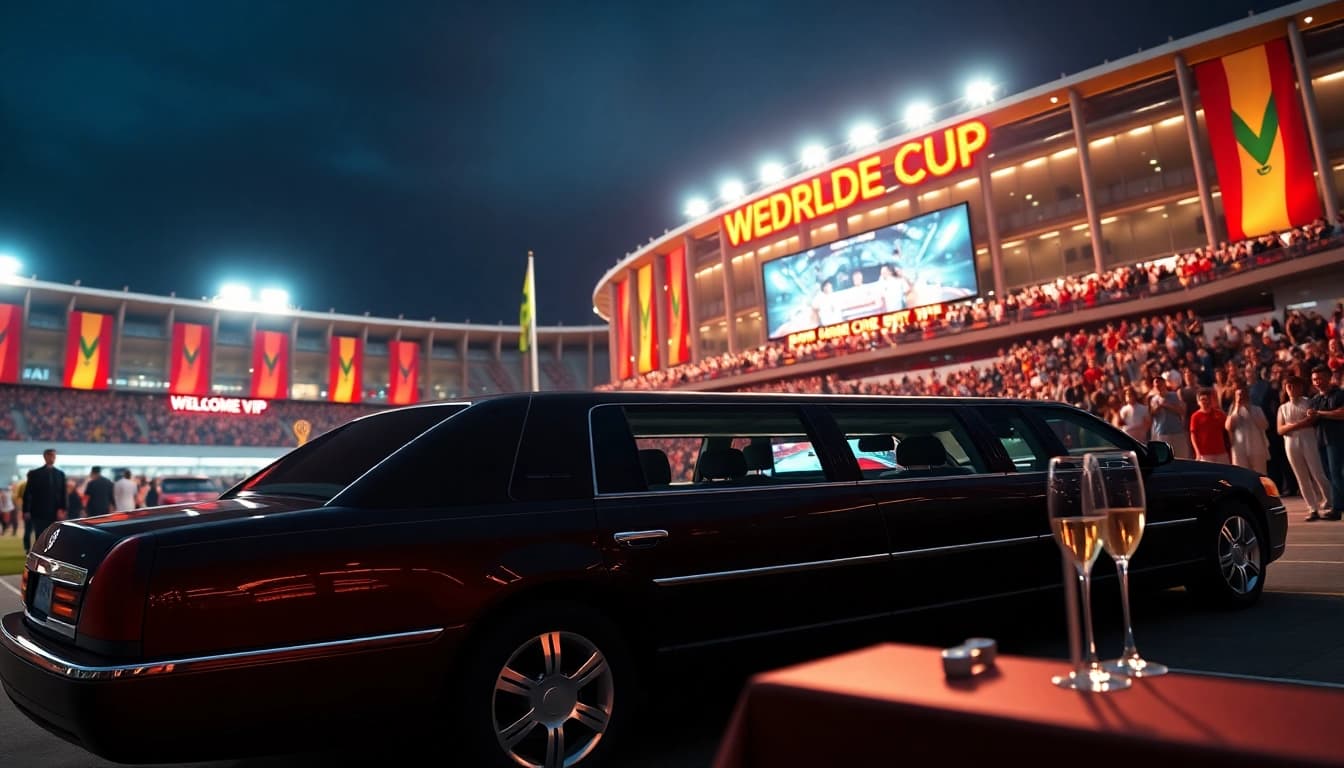 World Cup Group Transportation in a luxurious limousine outside a grand stadium, showcasing premium service.