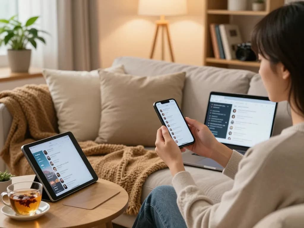 Engaging in sex chat AI conversations on a cozy couch with technology.