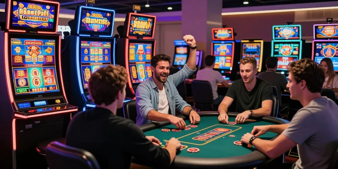 Players celebrating their wins on a slot deposit 5000 gaming platform, surrounded by vibrant casino lights and screens displaying exciting game options.