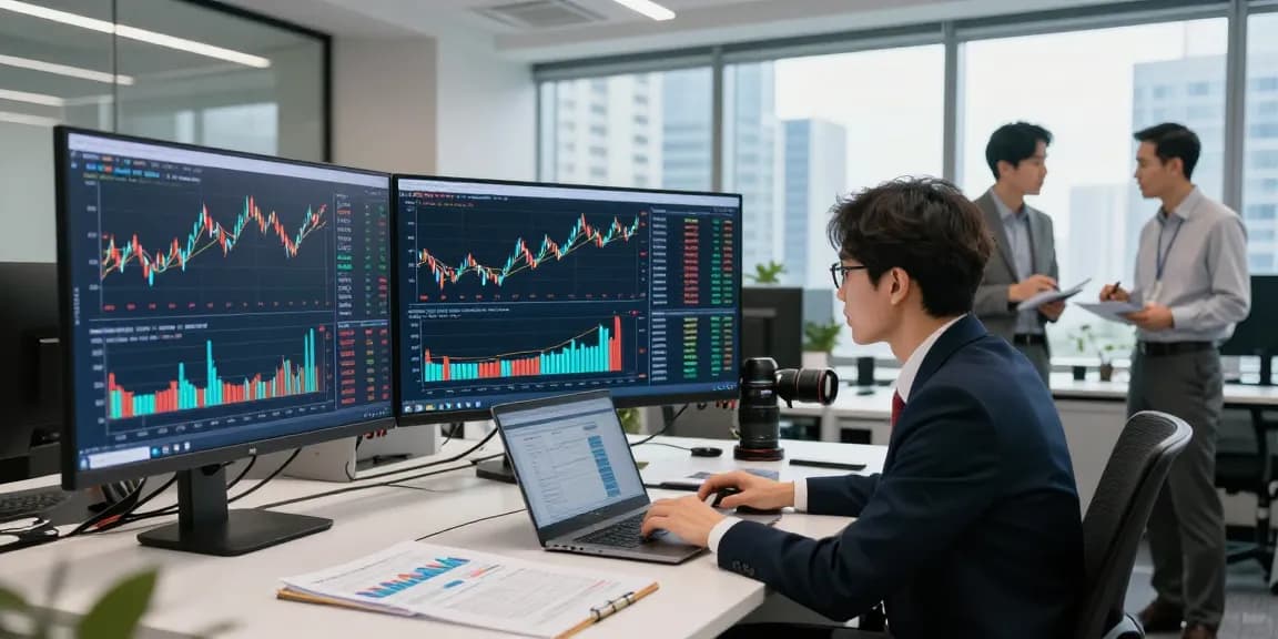 KOSPI index analysis in a modern financial office setting with analysts reviewing data.