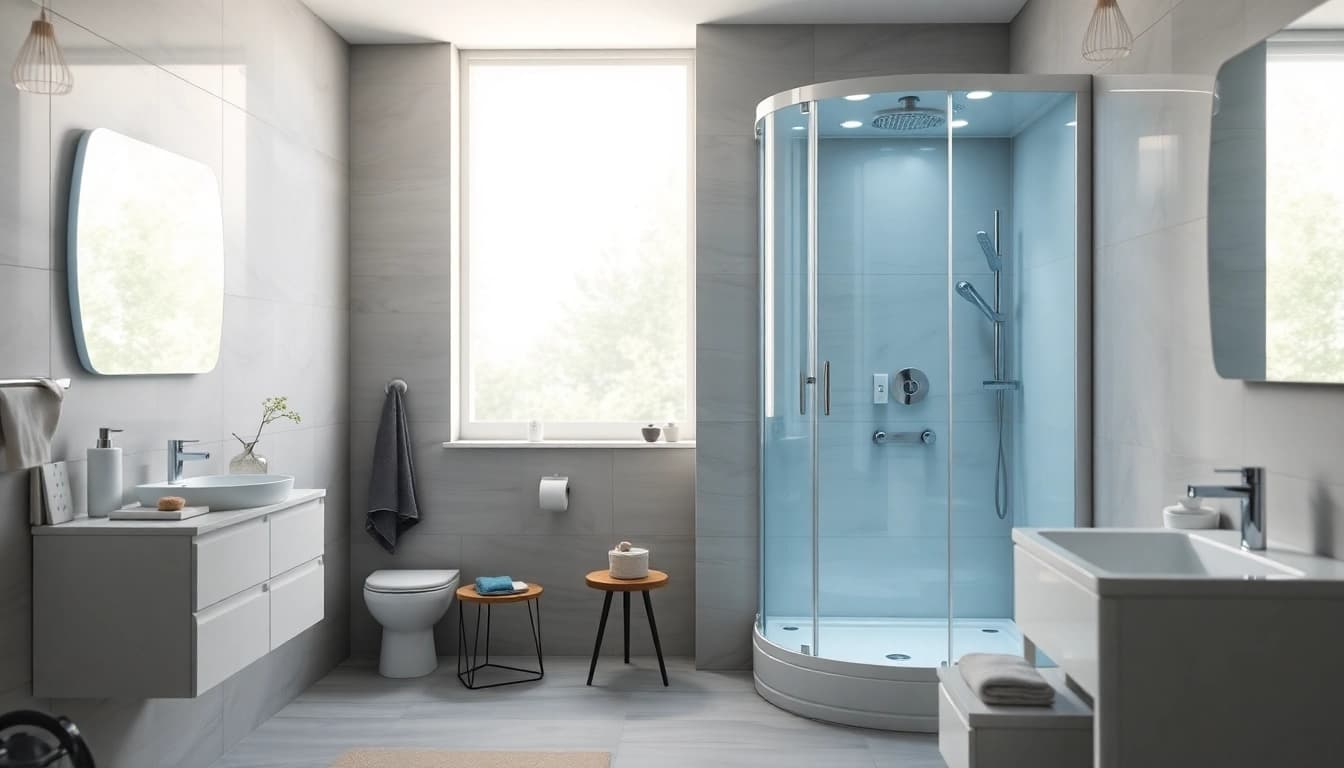 Sirhona showcases a modern shower cabin with stylish design elements and LED lighting.