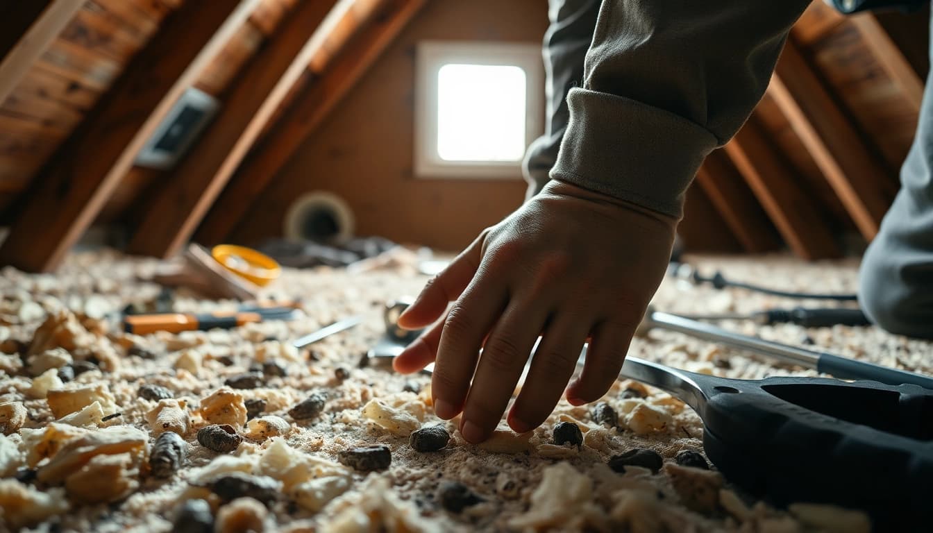 Expert handling rats in attic removal, showing tools in a cluttered attic environment.
