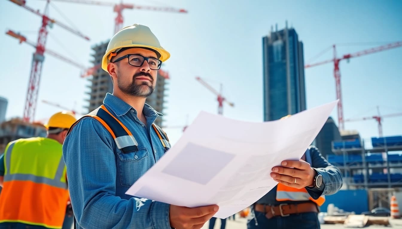 New York General Contractor overseeing a construction site progress with workers and machinery.