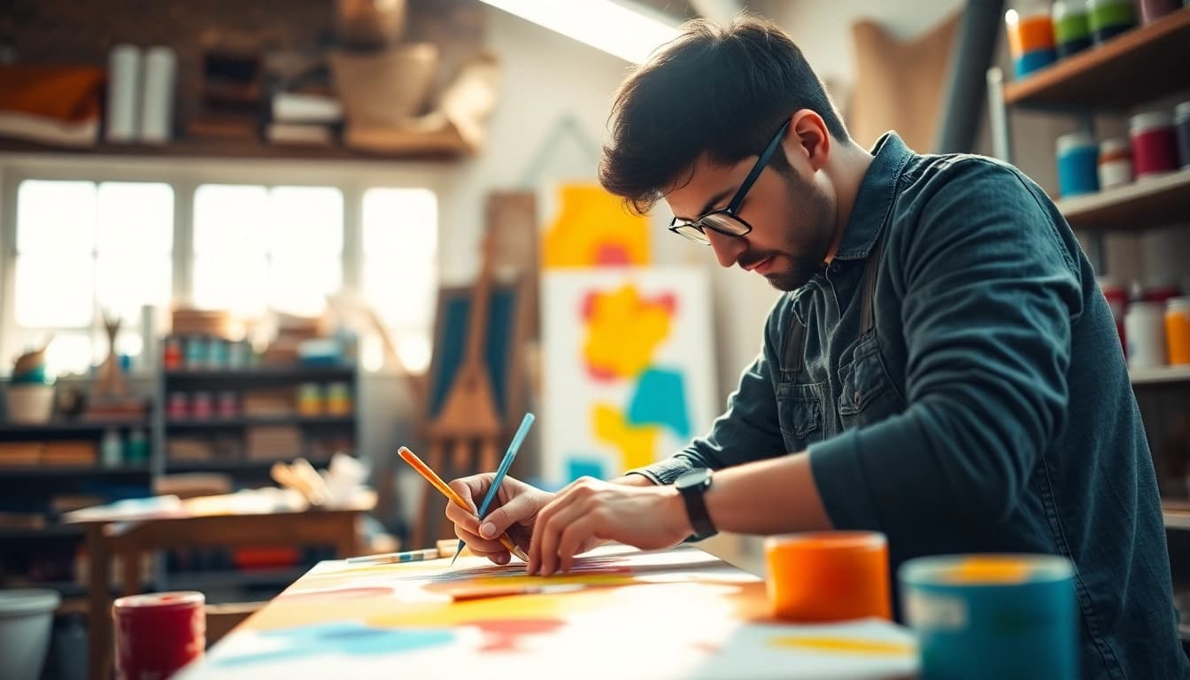 Immersive painting apprenticeship experience showcasing a focused painter in a colorful workshop.