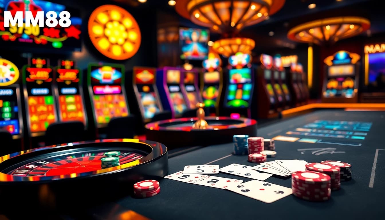 Engaging scene of Nhà cái MM88 featuring vibrant casino tables and betting excitement.