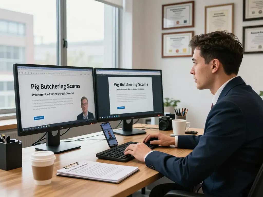 Engaging educational scene on Pig Butchering Scam awareness with a professional addressing an audience online.