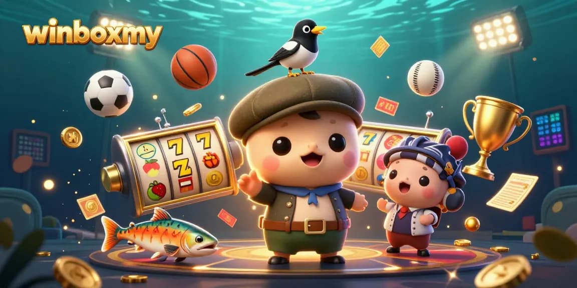 WinboxMY engages players with exciting slot reels and vibrant casino elements in this colorful illustration.