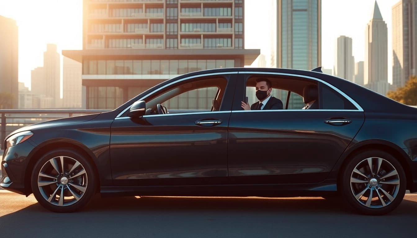 Offering Chauffeur Hire services with a luxury sedan in a professional city setting.