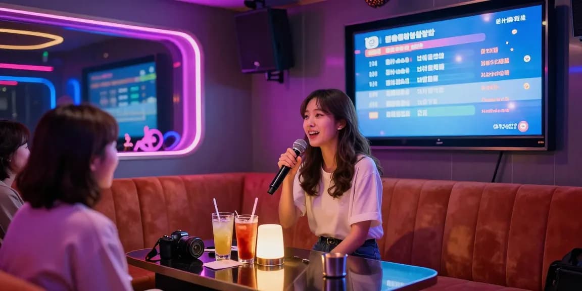 노래방밤알바로 일하는 여성이 화려한 네온 불빛 속에서 고객과 소통하는 장면