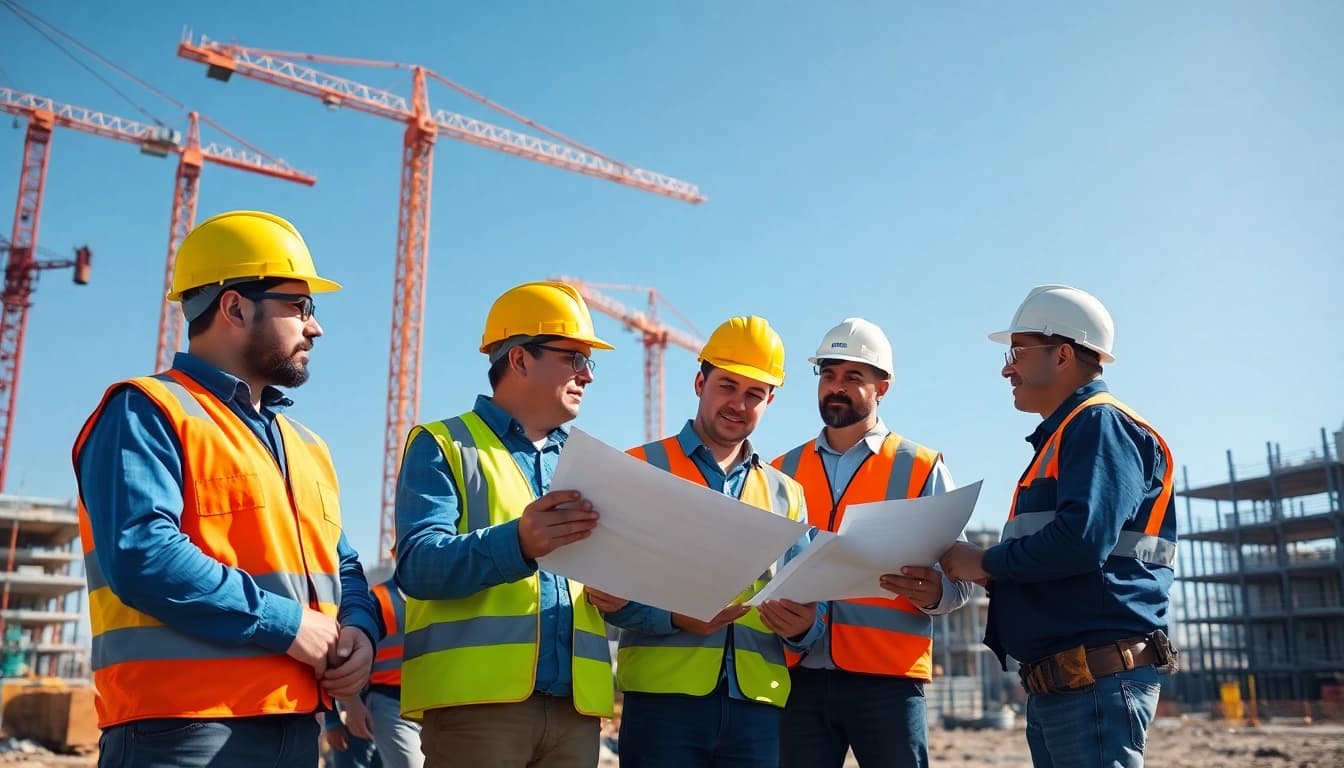 Engaged workers discussing Careers in construction at a busy construction site, showcasing teamwork and professionalism.